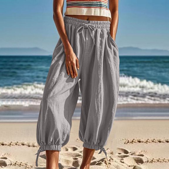 Leesechin Women Cotton Pants Wide Leg Pants Casual Loose Drawstring Low Waist Beach Palazzo Harem Pants
