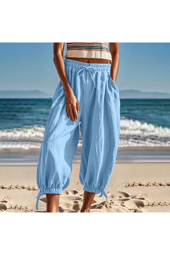 Leesechin Women Cotton Pants Wide Leg Pants Casual Loose Drawstring Low Waist Beach Palazzo Harem Pants