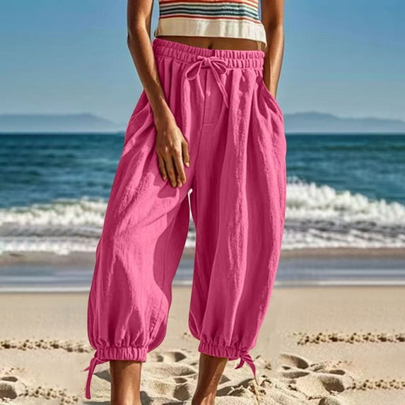 Leesechin Women Cotton Pants Wide Leg Pants Casual Loose Drawstring Low Waist Beach Palazzo Harem Pants