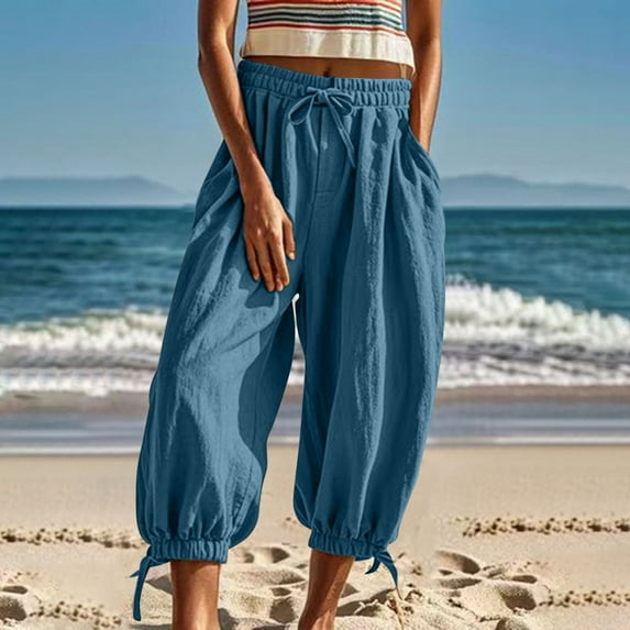 Leesechin Women Cotton Pants Wide Leg Pants Casual Loose Drawstring Low Waist Beach Palazzo Harem Pants
