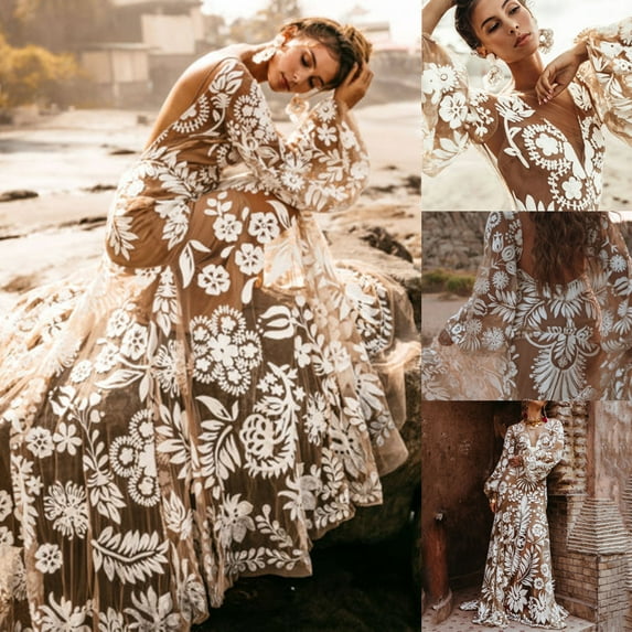 Leesechin Women Maxi Dress Tulle Long Sleeve V Neck Floral Embroidery Backless Casual Flowy A-Line Dress