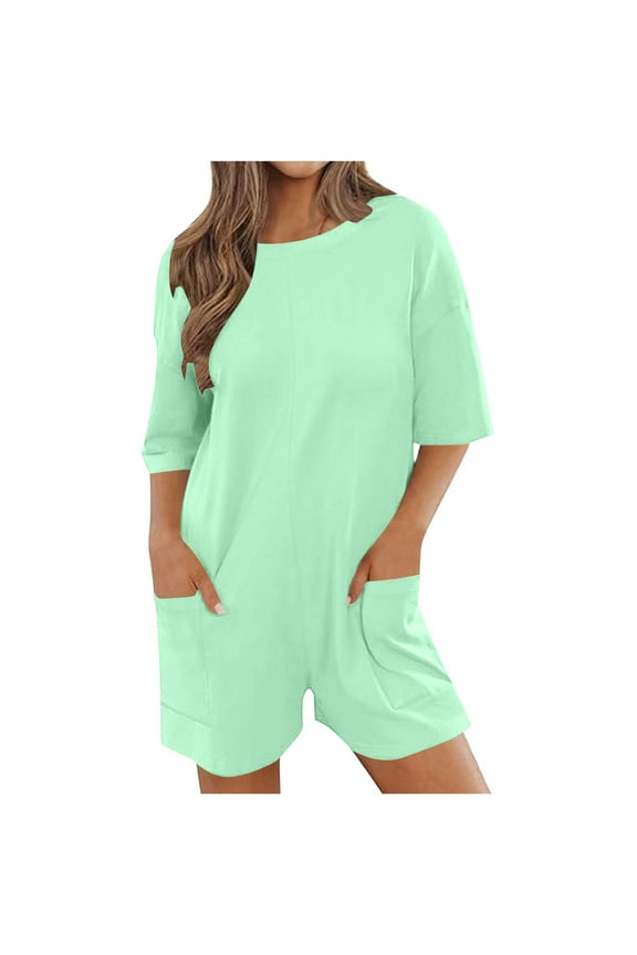 Leesechin Women Oversized Athletic Romper Half Sleeve V Back Solid Workout Onesie Casual Short Jumpsuit with Pockets Loungewear