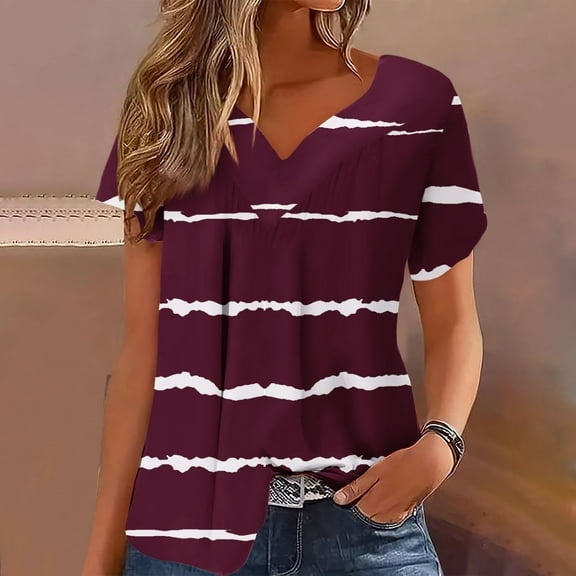 Leesechin Women Oversized T Shirts V Neck Short Sleeve Tees Casual Loose Tunic Summer Tops with Pocket Wine