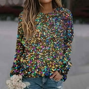 Leesechin Women Sequin Tops Glitter Long Sleeve Shirts Sparkle Round Neck Blouses Party Loose Fit