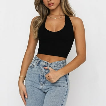 Leesechin Women Tank Tops Ladies Solid Color Sleeveless Round Neck Elastic Comfortable Vest Pullover Halter