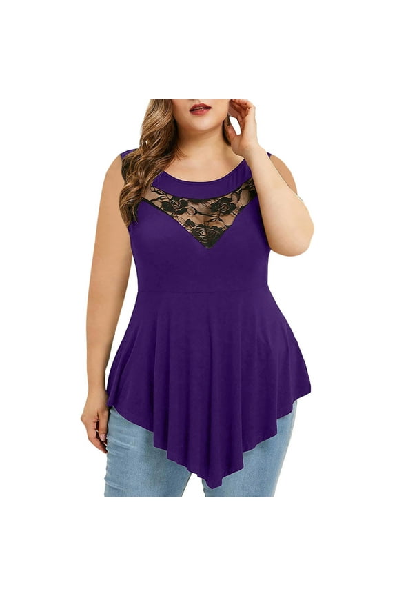 Women Tank Tops Plus Size Ladies Solid Floral Lace Roundn Neck Asymmetric Sleeveless Halter Blouse