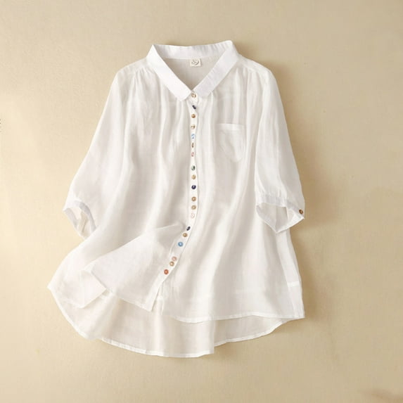 Leesechin Women's 100% Linen Summer 3/4 Sleeve Button Down Shirt High Low Tops White