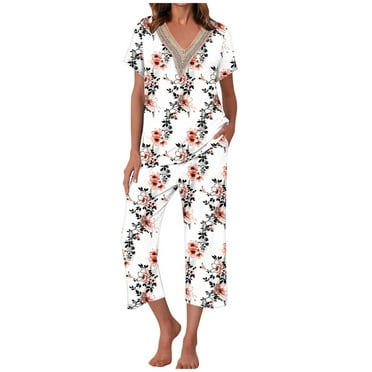 Leesechin Women's 2 Piece Outfit Floral Ruffle V Neck Crop Top and Wide Leg Pants Set