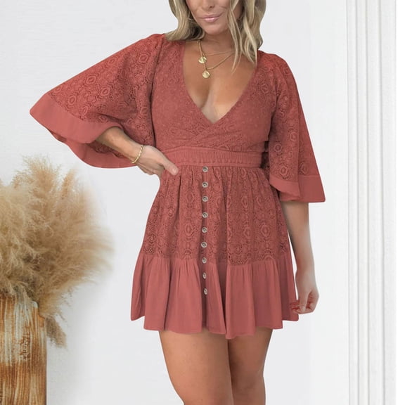 Leesechin Women's Boho Floral Mini Dress Deep V-Neck Lace Ruffle A-Line Smocked Waist Summer Beach Dresses