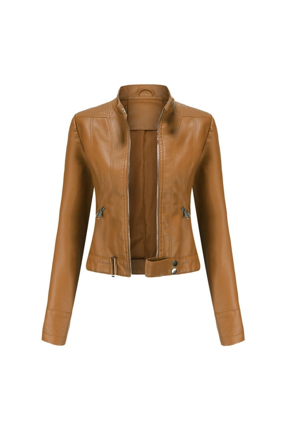 Leesechin Women's Candy Color Asymmetric Zip Slim Faux Leather Cropped Moto Jacket