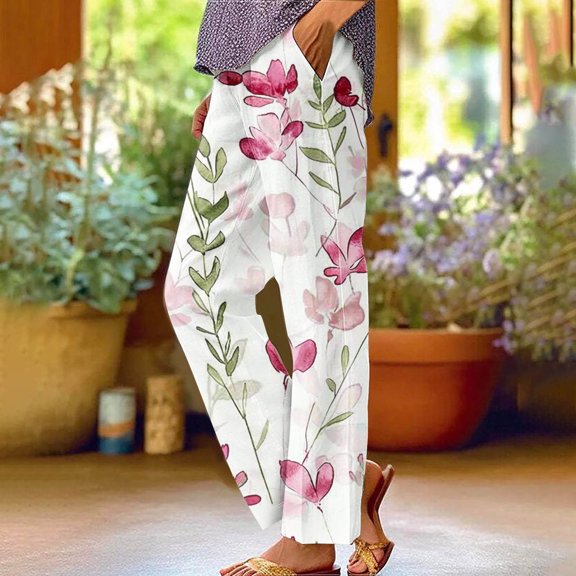 Leesechin Women's Casual Floral Print Slacks Vintage Elastic Waist Pocket Wide Leg Pants Summer Beach Loose Lounge Trousers