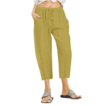 Leesechin Women's Casual Pants Summer Wide Leg Capris Drawstring Elastic High Waist Cotton cropped Trousers with Pockets