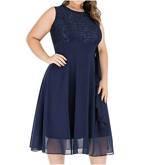 Leesechin Women's Casual Plus Size Prom Dresses Sleeveless Round Neck Solid Chiffon Mother Bride Dress Mid-Calf Dresses