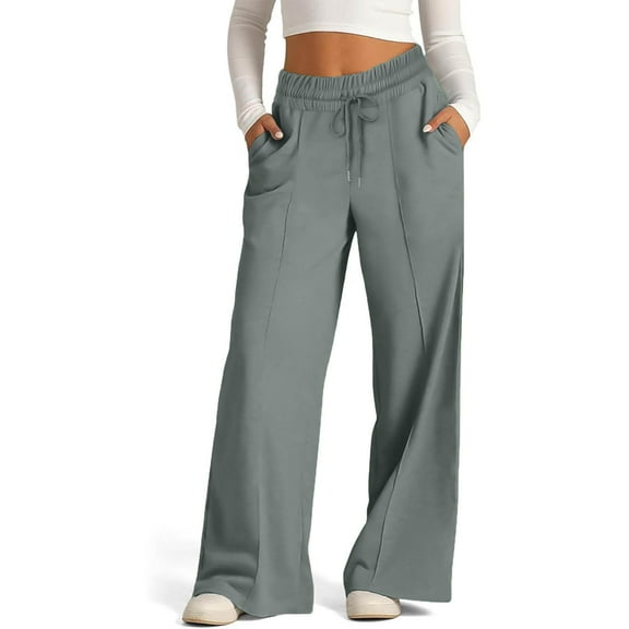 Leesechin Women's Causal Drawstring High Waist Baggy Straight Wide Leg Sweatpants Solid Color Loose Trousers with Pockets