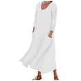 thumbnail image 1 of Leesechin Women's Cotton And Linen Long-Sleeved Dress Solid Color Round Neck Pocket Dress, 1 of 5