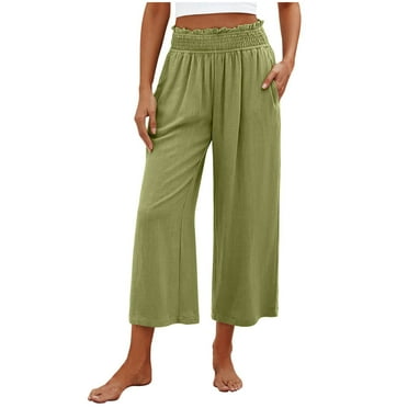 Leesechin Women's Cotton Linen Loose Fit Palazzo Pants Casual Elastic High Waist Wide Leg Paper Bag Pants with Pockets