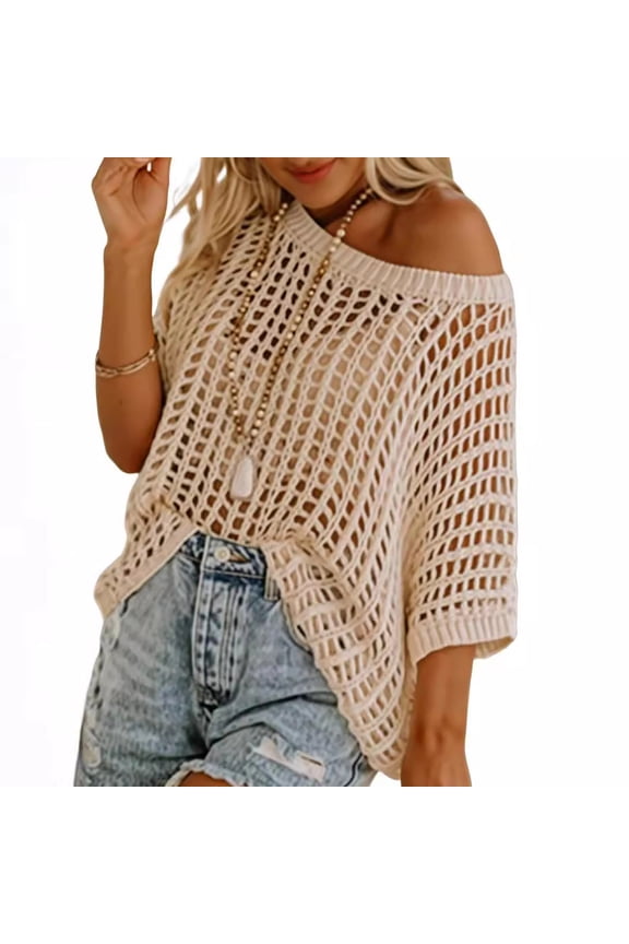 Leesechin Women's Crochet Hollow Out Drop Shoulder Scoop Neck Long Sleeve Sweater Tops