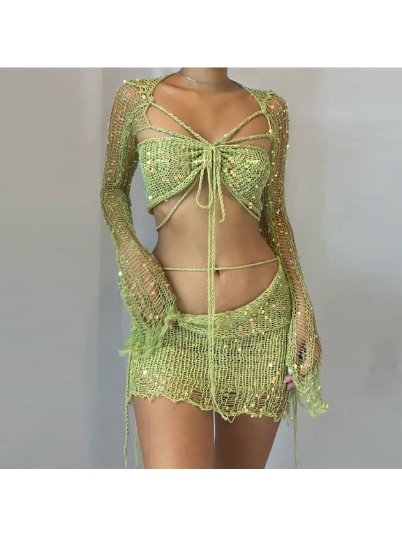 Leesechin Women's Crochet Sequin Dress 2 Piece Knitted Dress Crop Top Hollow Long Sleeve Split Fashion Sparkle Mini Dress Sets