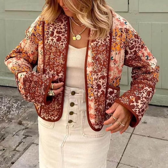 Leesechin Women's Cropped Puffer Quilted Jacket Cardigan Floral Printed Lightweight Long Sleeve Open Front Short Padded Coats