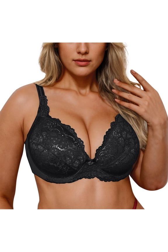 Women's DE Cup Bra Comfortable Full Coverage Underwire Lace Floral Embroidery Breathable Soft Support Everyday Sexy