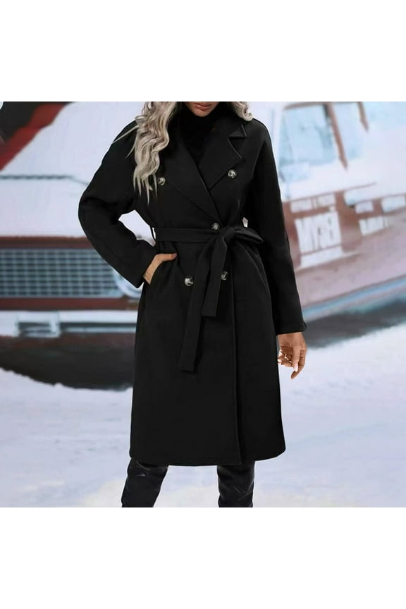 Women's Double Breasted Trench Coats Mid-Length Belted Overcoat Long Dress Jacket with Detachable Hood