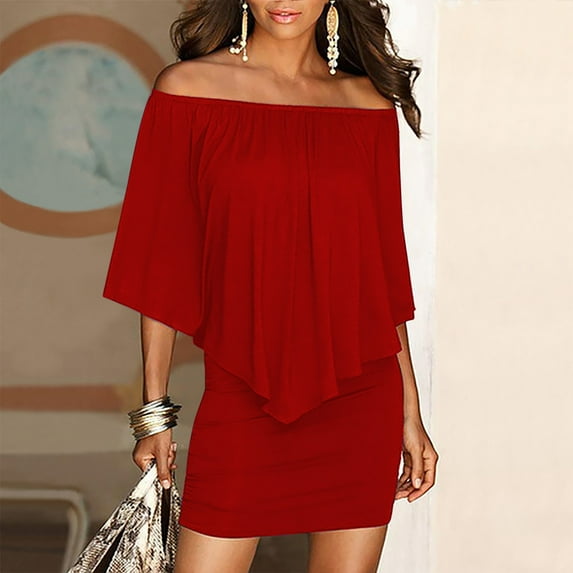 Leesechin Women's Dresses Off Shoulder Ruffles Night Club Bodycon Mini Dress