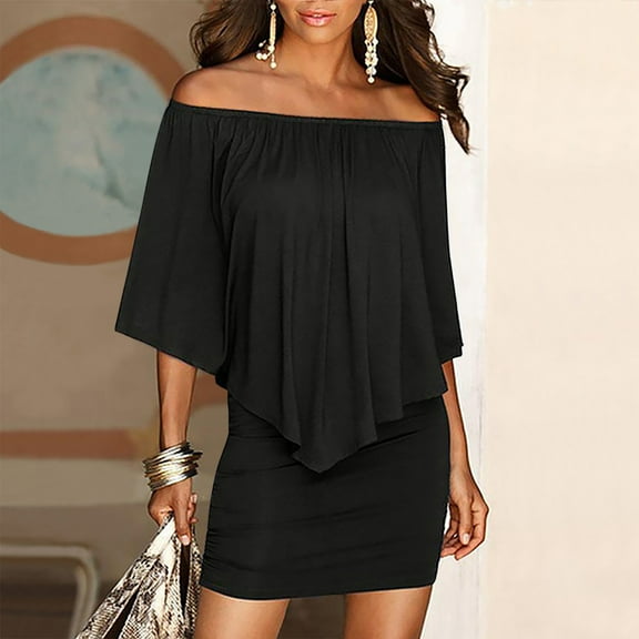 Leesechin Women's Dresses Off Shoulder Ruffles Night Club Bodycon Mini Dress