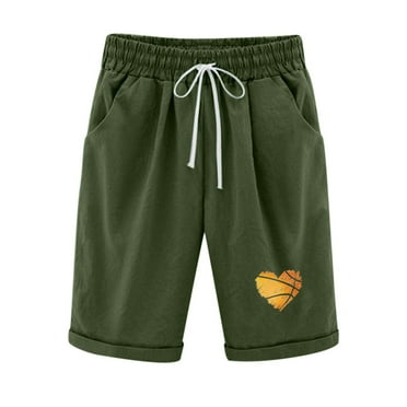 Leesechin Women's Elastic Waist Casual Comfy Cotton Linen Beach Shorts with Drawstring Knee Length Curling Bermuda Shorts