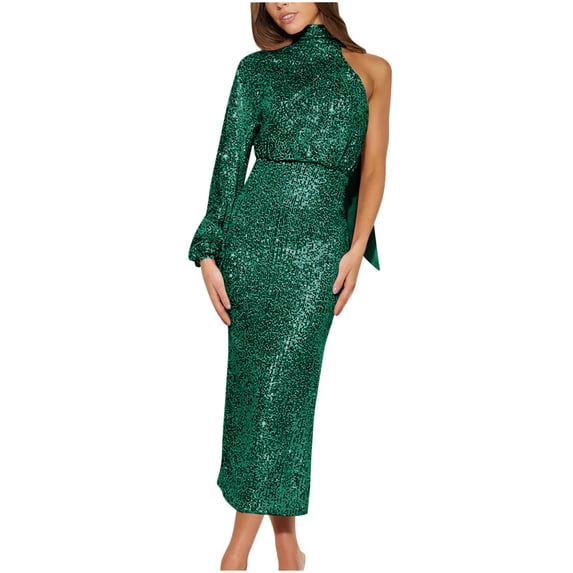 Leesechin Women's Evening Plus Size Gowns Sequin Design Scarf Slit Evening Gown Single Shoulder Bead Skirt