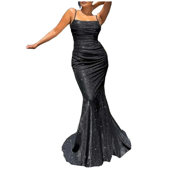 Leesechin Women's Fashion Pencil Dress Strapless Solid Color Slim Sling Waist Tube Top Sleeveless Sequin Long Dress