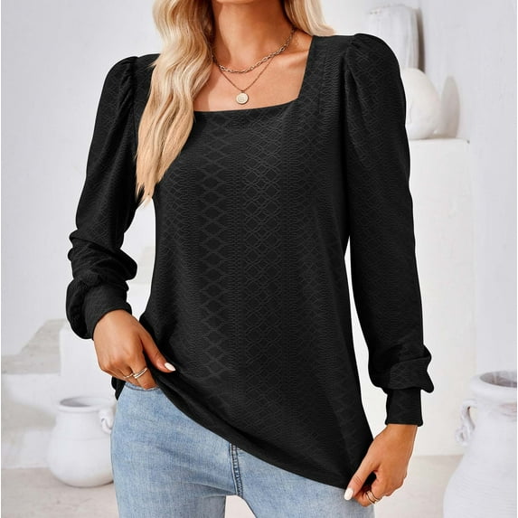 Leesechin Women's Fashion Solid Color Square Neck Pleated Long Sleeve Loose T-shirt Top in