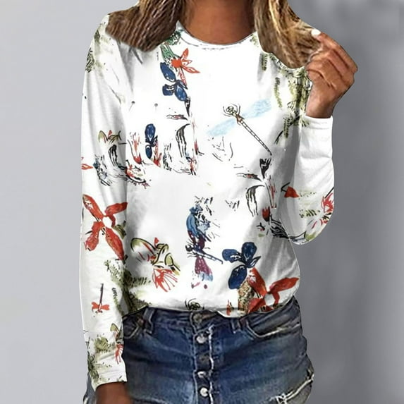 Leesechin Women's Juniors Clothing Round Neck Loose Tops Casual Print T-Shirts Long Sleeve Blouse in Clearance