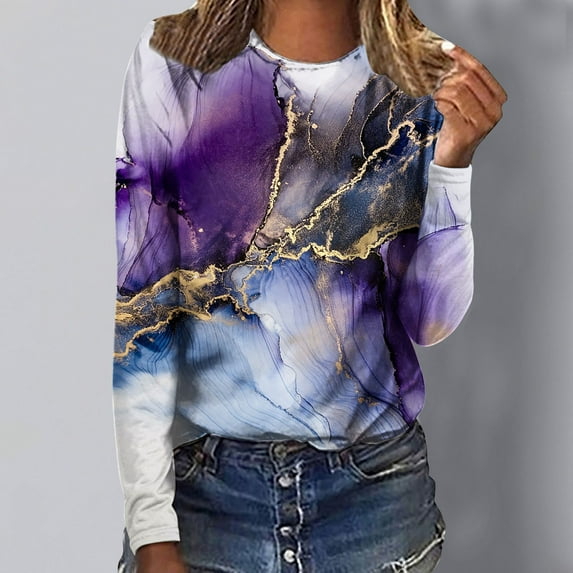 Leesechin Women's Juniors Clothing Round Neck Loose Tops Casual Print T-Shirts Long Sleeve Blouse in