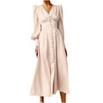 thumbnail image 1 of Leesechin Women's Long Sleeve Satin Soft Waist and Dress Satin V-Neck Temperament Slim Button Lantern Sleeve Dress, 1 of 9