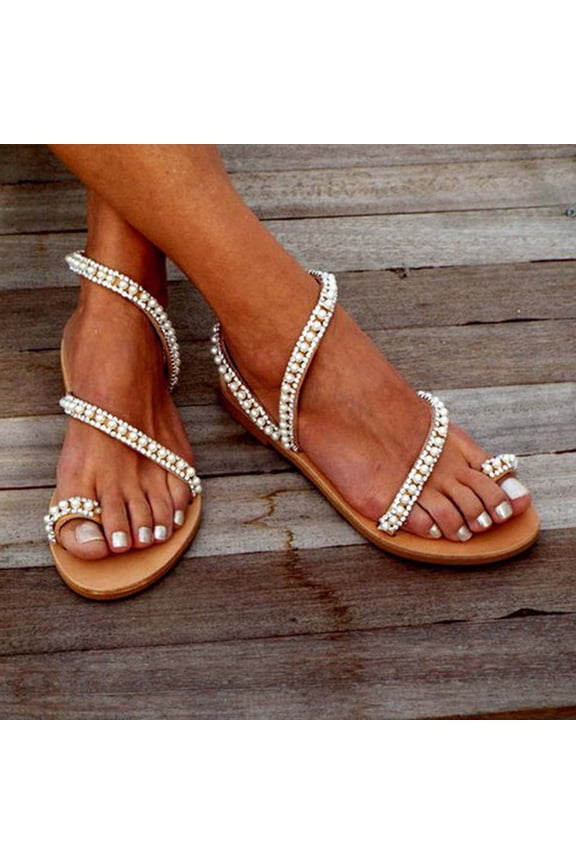 Leesechin Women's Pearl Rhinestone Flat Sandals Beaded Strappy Sparkle Open Toe Slide Sandal
