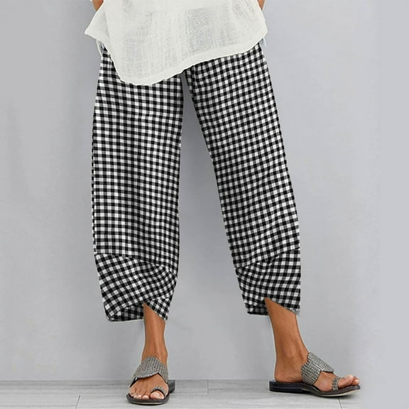 Leesechin Women's Plaid Wide Leg Culotte Pants Gingham High Elastic Waisted Cropped Palazzo Pants with Pockets