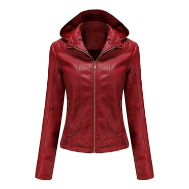 Leesechin Women's Removable Hooded Faux Leather Jackets