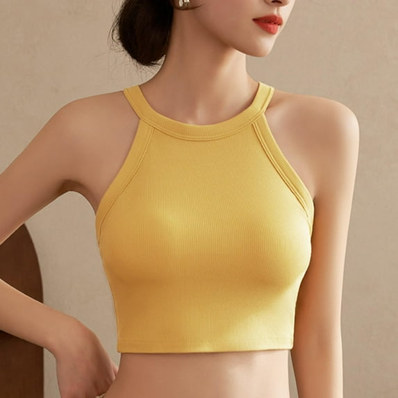 Leesechin Women's Ribbed Tank Tops Padded Crop Casual Basic Sleeveless Tops with Built in Bra Square Neck