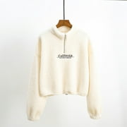Leesechin Women's Short Cashmere Fashion Solid Color Long Sleeve Sweater Woolen Plush Loose Top Jacket
