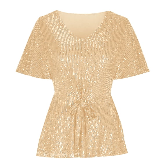 Leesechin Women's Sparkly Sequin Tops Peplum V Neck Tie Front Short Bell Sleeve Shirts Glitter Blouses Dressy Party Tops Gold