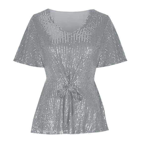 Leesechin Women's Sparkly Sequin Tops Peplum V Neck Tie Front Short Bell Sleeve Shirts Glitter Blouses Dressy Party Tops Gray