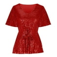 thumbnail image 1 of Leesechin Women's Sparkly Sequin Tops Peplum V Neck Tie Front Short Bell Sleeve Shirts Glitter Blouses Dressy Party Tops Red, 1 of 5