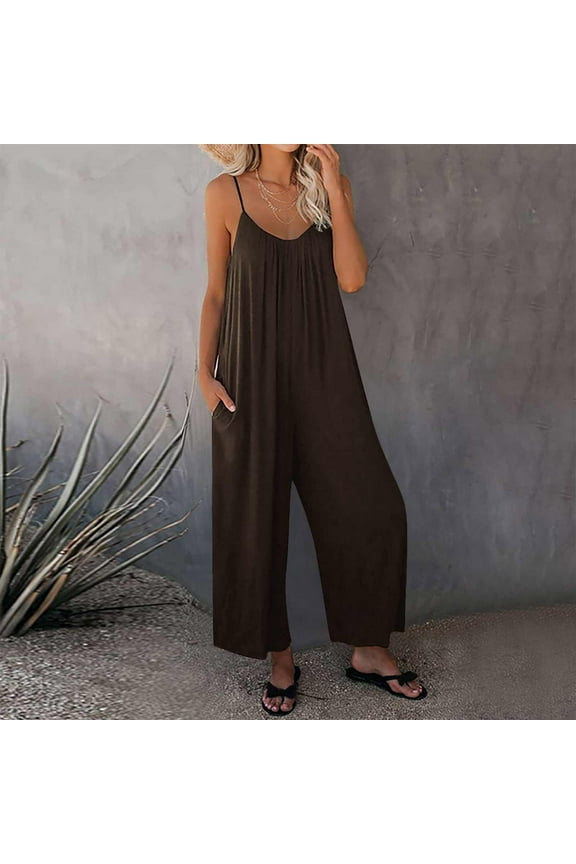 Leesechin Women's Summer Casual Loose Tank Jumpsuit Sleeveless Crewneck Long Pants Jumpsuit Romper with Pockets