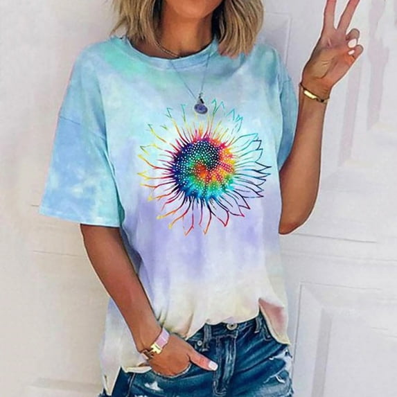 Leesechin Women's T-shirts Colorful Flowers Short-Sleeved Top Printed T-shirt