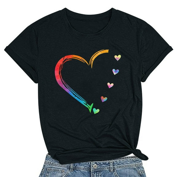 Leesechin Women's Valentine's Day Heart Shirts Summer T Shirt Loose Tees Tops Casual Female Crew Neck Short Sleeve Blous Black
