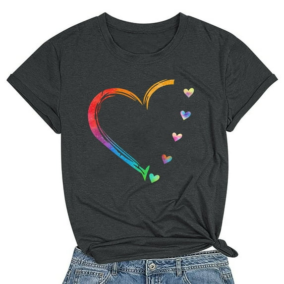 Leesechin Women's Valentine's Day Heart Shirts Summer T Shirt Loose Tees Tops Casual Female Crew Neck Short Sleeve Blous Dark Gray