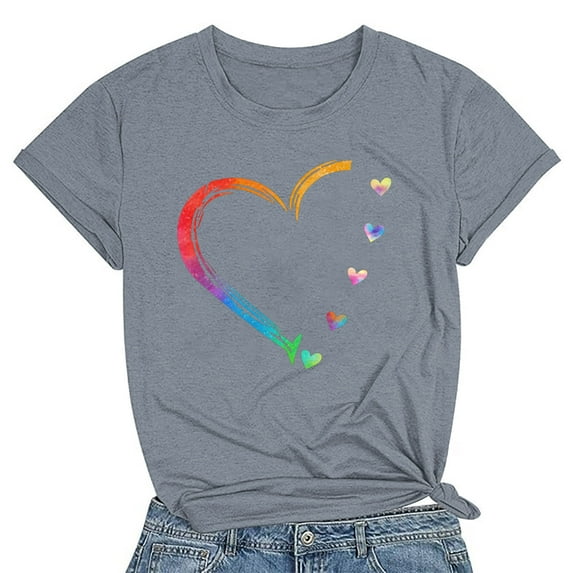 Leesechin Women's Valentine's Day Heart Shirts Summer T Shirt Loose Tees Tops Casual Female Crew Neck Short Sleeve Blous Gray