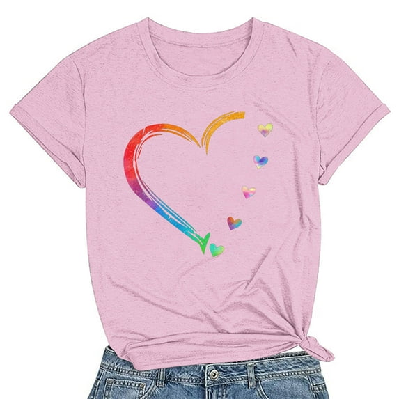 Leesechin Women's Valentine's Day Heart Shirts Summer T Shirt Loose Tees Tops Casual Female Crew Neck Short Sleeve Blous Pink