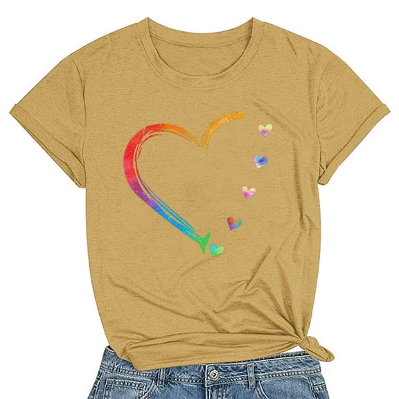 Leesechin Women's Valentine's Day Heart Shirts Summer T Shirt Loose Tees Tops Casual Female Crew Neck Short Sleeve Blous Yellow