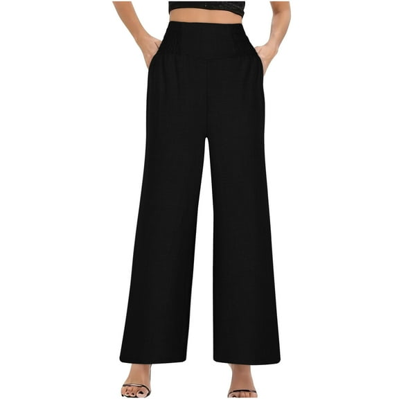 Leesechin Women's Wide Leg Pants Elastic High Waisted Waffle Knit Casual Palazzo Pants Trousers with Pockets